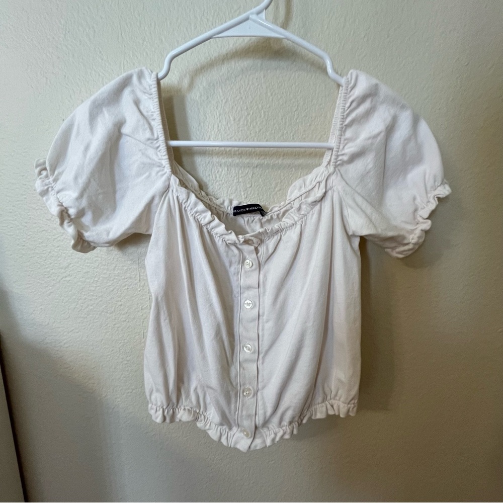 Brandy Melville White Puff Sleeve Smocked Blouse